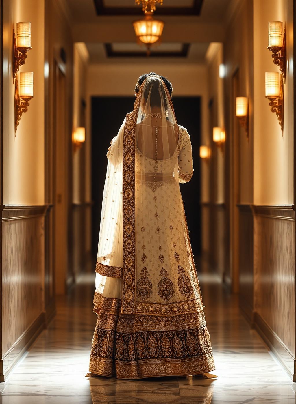 Bride in ivory and gold lehenga in a marble hallway
